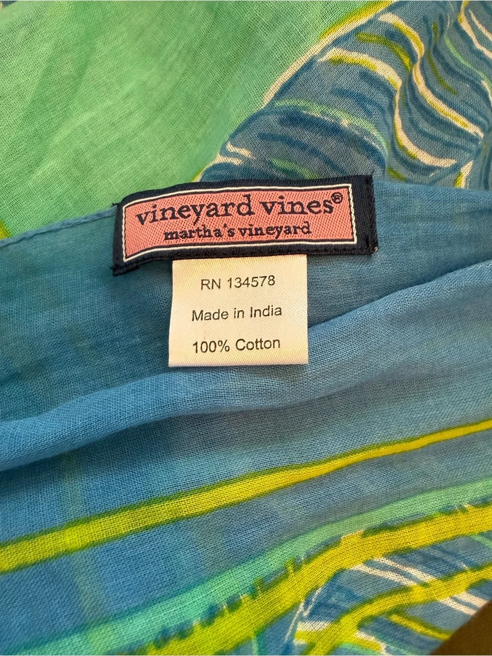 Vineyard Vines Blue & Green Leaf Tropical Beach Theme 100% Cotton Scarf Wrap